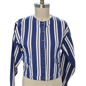 Vtg 80s 90s Retro Blue White Striped Denim Jacket  Sz M Brass Button Down